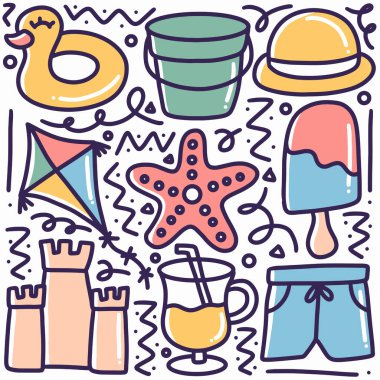 Tasarım simgeleri ve elementleri ile el çizimi plaj araçları karalama