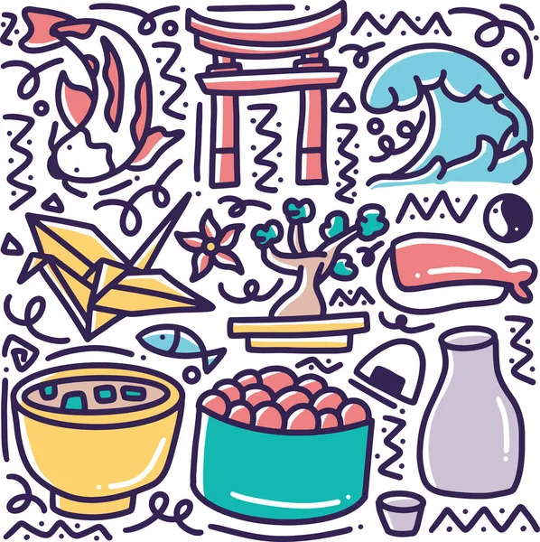 Doodle set di disegno mano vacanze Giappone — Vettoriale Stock