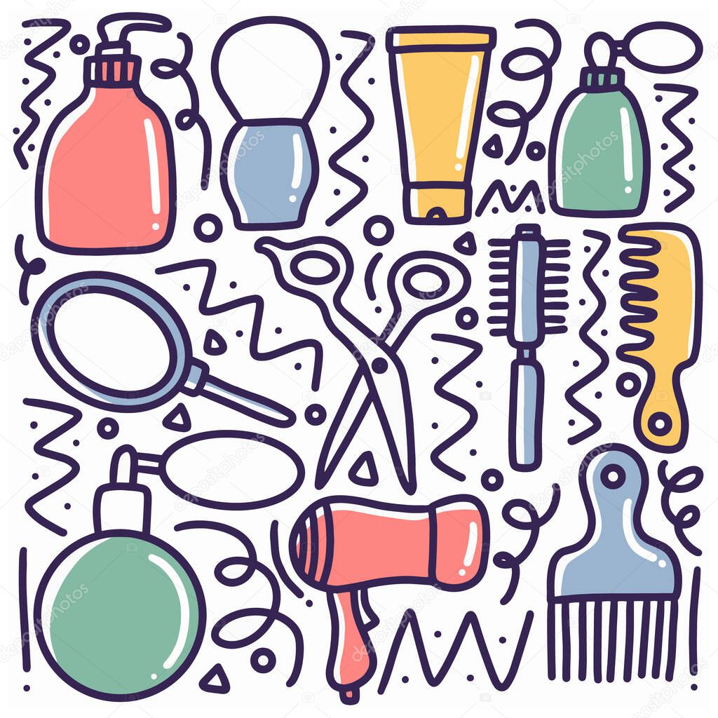 hand drawn barber shop equipment doodle set