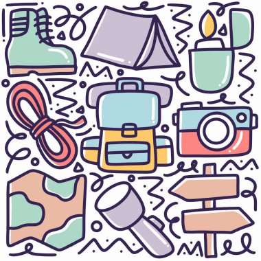 Karalama seti kamp aletleri el çizimi