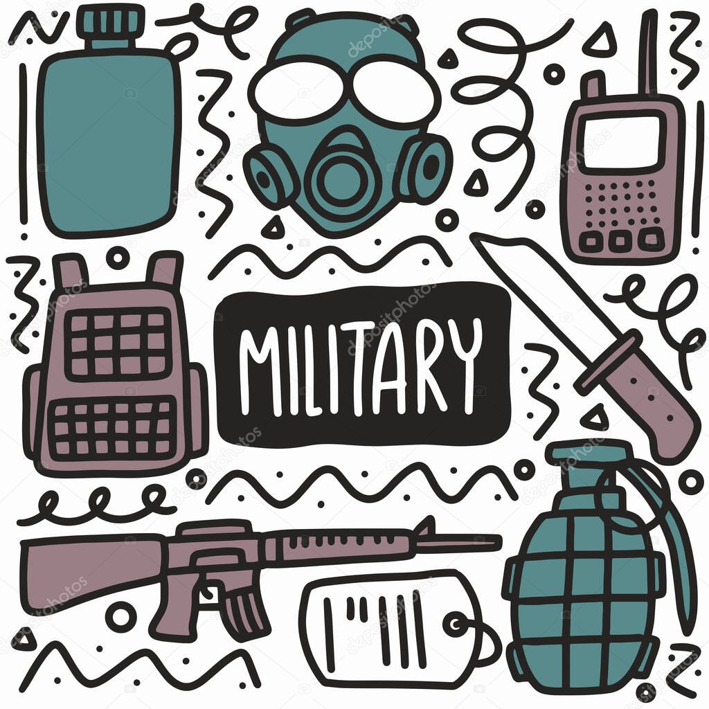 hand drawn equipment military doodle set