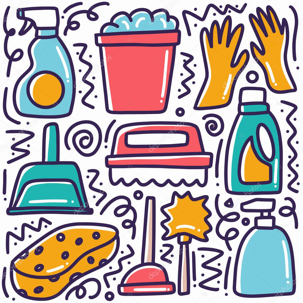 Hand drawn cleaning equipment doodle set with icons and design elements
