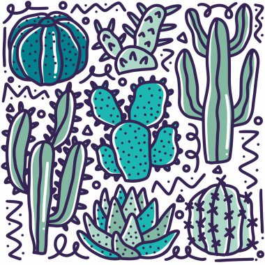 Kaktüs koleksiyonu el çizimi karalama seti