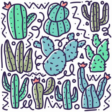 Kaktüs koleksiyonu el çizimi karalama seti