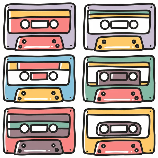 Juego de garabatos de cassette de radio dibujado a mano — Vector de stock