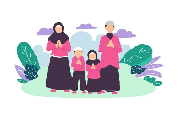 家庭穆斯林在花园草图上的图解 — 图库矢量图片