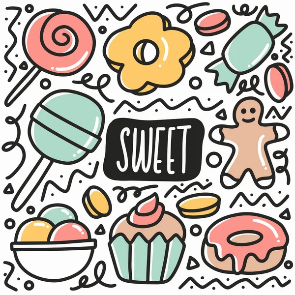 Sweet food doodle set with icons and design elements — Stock Vector