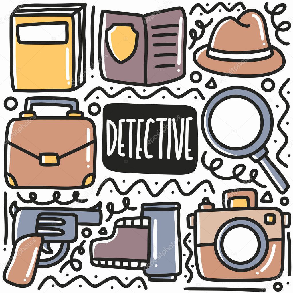 hand drawn detective equipment doodle set