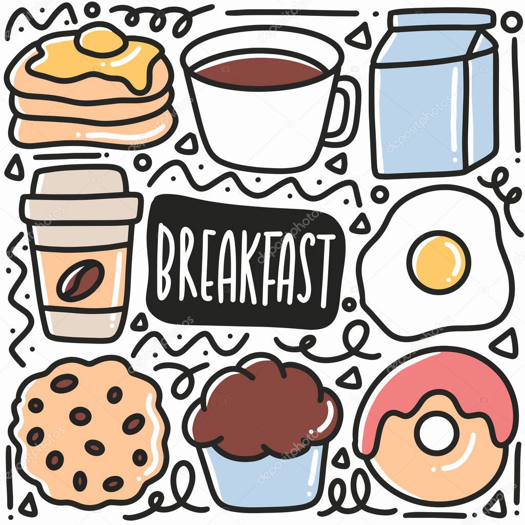 hand drawn breakfast dish doodle set