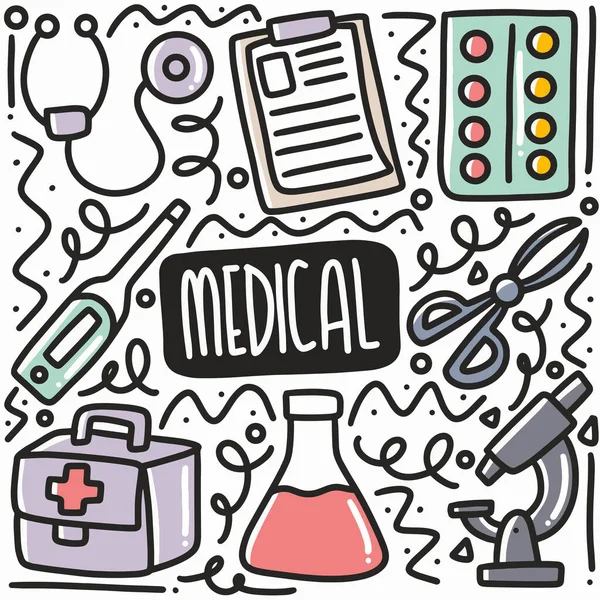 Equipo médico dibujado a mano doodle conjunto — Archivo Imágenes Vectoriales