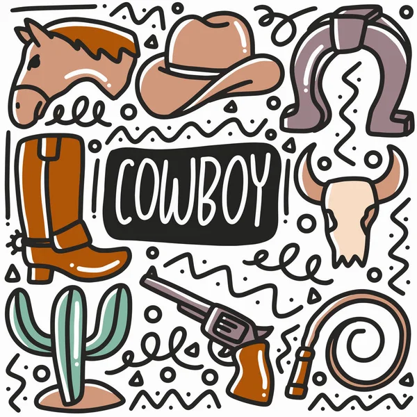 Equipo de vaquero dibujado a mano doodle conjunto — Vector de stock
