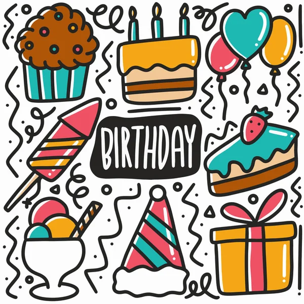 Mano disegnato festa di compleanno doodle set — Vettoriale Stock