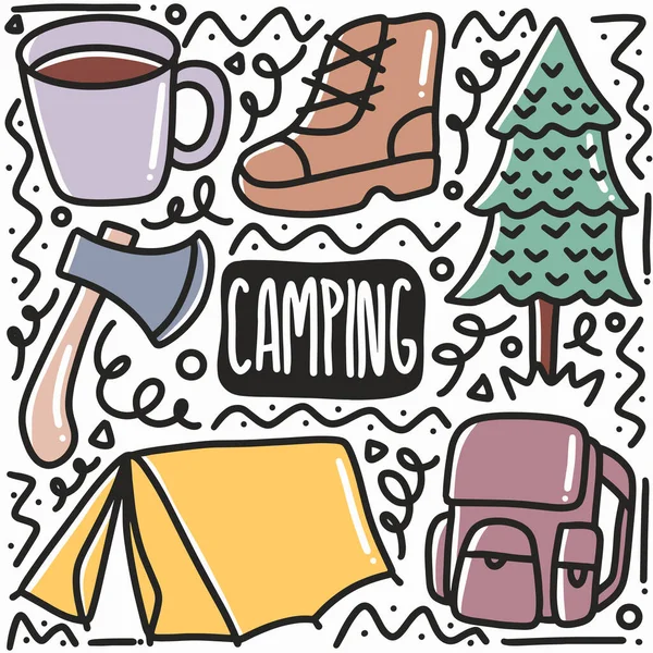 手描きのキャンプ用具のドアセット — ストックベクタ