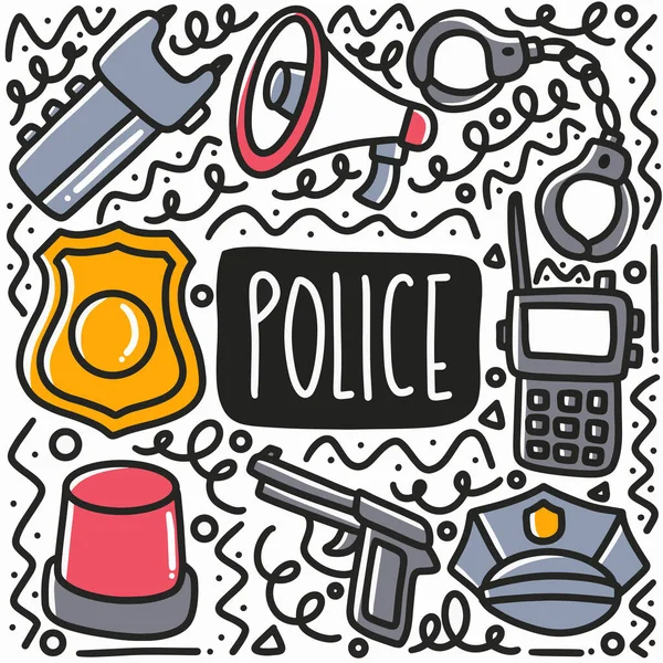 Handgetekende politiemateriaal doodle set — Stockvector