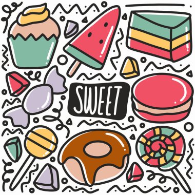 El çizimi tatlı yemek karalama seti