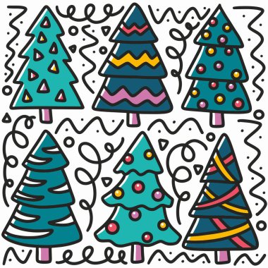 El çizimi ağaç Noel karalama seti