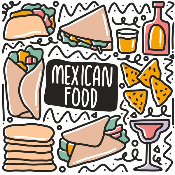 Conjunto de garabatos de alimentos mexicanos dibujados a mano — Vector de stock