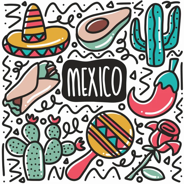 Mano dibujado mexicano carnaval doodle conjunto — Vector de stock