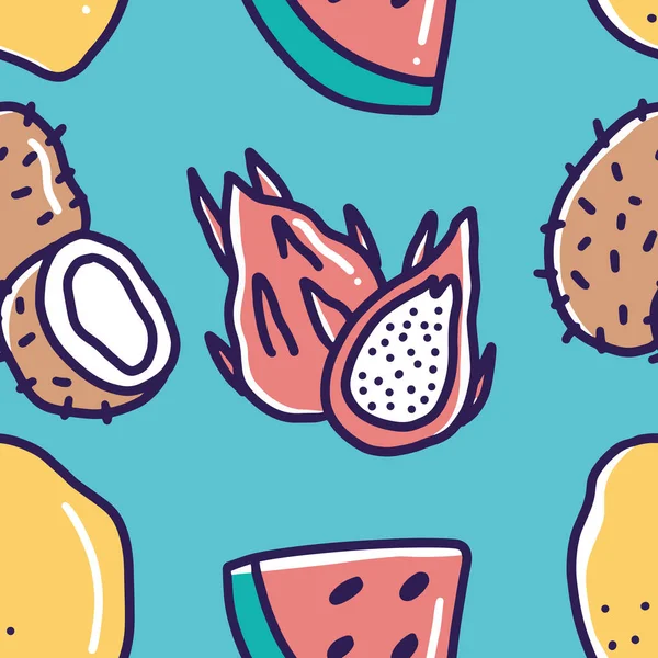 Muster von Drachenfrüchten um verschiedene Früchte Doodle — Stockvektor