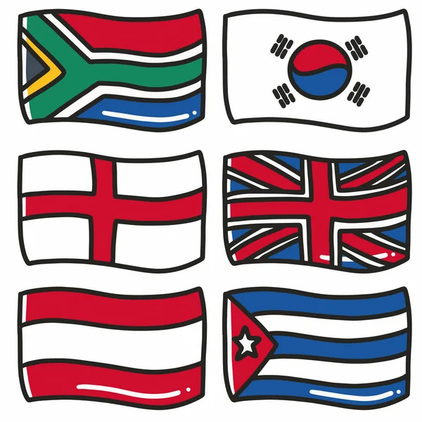 Ilustración de las banderas de seis países del mundo dibujadas a mano doodle art and design element — Vector de stock