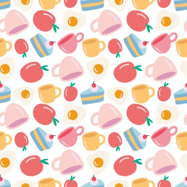 Yiyecek ve bardakla renksiz vektör deseni