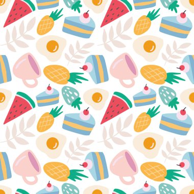 Yiyecek ve bardakla renksiz vektör deseni