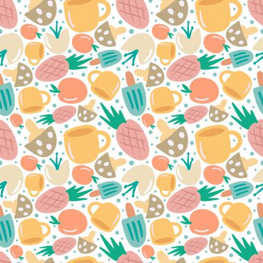 Tatlı yemek ve fincanla renkli vektör deseni