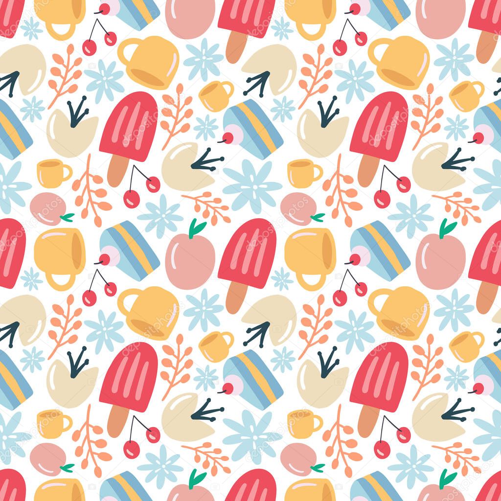 colorful seamless vector pattern with dessert food and cup
