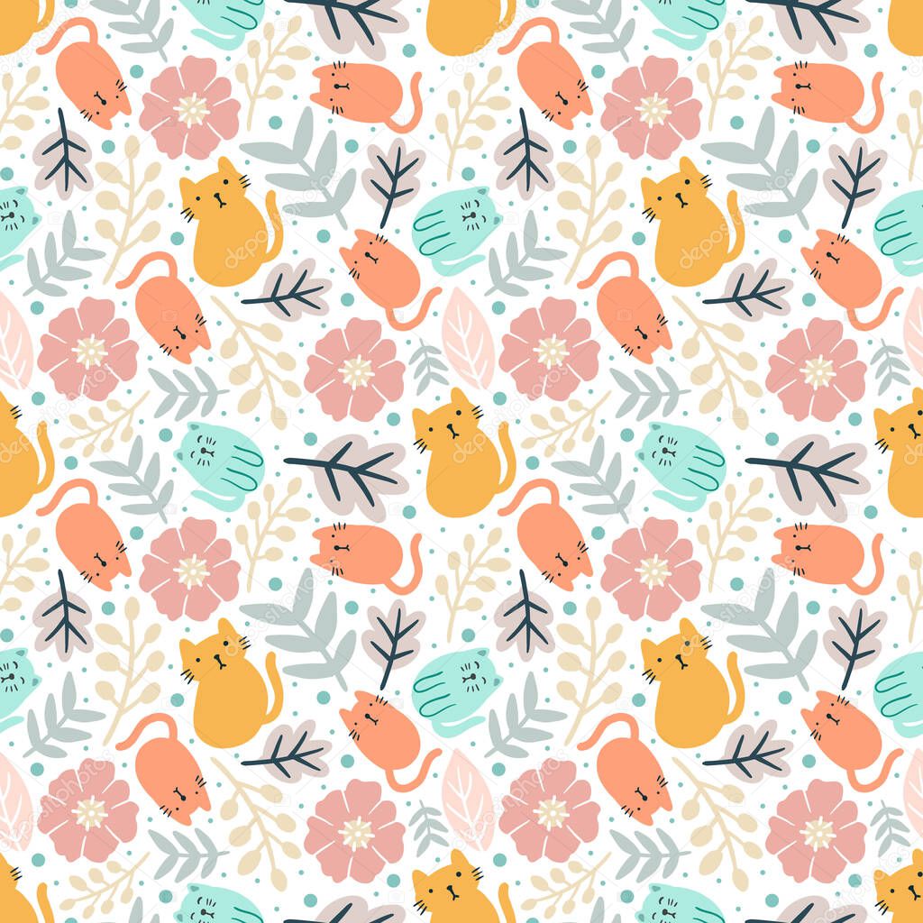 colorful seamless vector pattern with cute animals and leaf