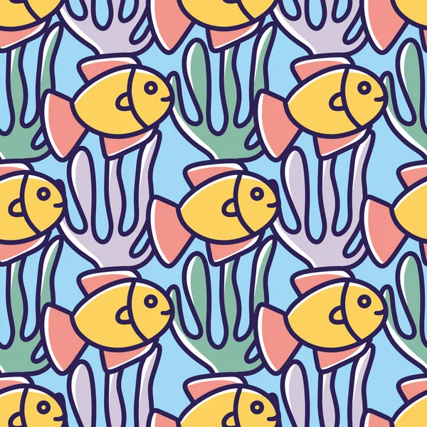 Πολύχρωμα αστεία απρόσκοπτη doodle των ψαριών και των κοραλλιών — Διανυσματικό Αρχείο
