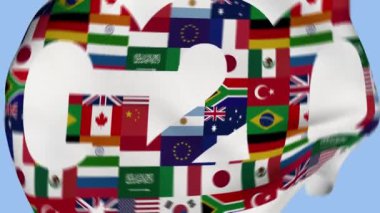 G20 Ülkeler Toplantısı - Buruşuk Kumaş Bayrağı Girişi. G20 ülkelerinin önemli bir temsilci bayrağı. Hükümet toplantısı. Yüzey dokusu. Arka plan kumaşı. Gerçekçi Animasyon 4K.