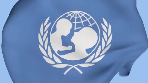 Unicefcrumpled织物国旗介绍 Unicef Flag 国旗日 爱国者 现实的动画4K 表面纹理 — 图库视频影像
