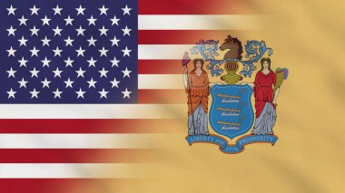 New Jersey Eyaleti, ABD Dalgalı Kumaş Bayrağı. ABD Bayrağı. New Jersey Eyaleti Bayrağı. Kuzey Amerika Bayrakları. Kutlama. Vatanseverler. Arkaplan Kumaşı.