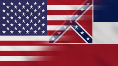 Mississippi Eyaleti, ABD Dalgalı Kumaş Bayrağı. ABD Bayrağı. Mississippi Eyaleti Bayrağı. Kuzey Amerika Bayrakları. Kutlama. Vatanseverler. Arkaplan Kumaşı.