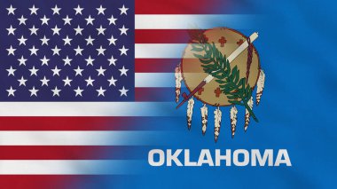 Oklahoma Eyaleti, ABD Dalgalı Kumaş Bayrağı. ABD Bayrağı. Oklahoma Eyaleti Bayrağı. Kuzey Amerika Bayrakları. Kutlama. Vatanseverler. Arkaplan Kumaşı.
