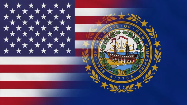 New Hampshire Eyaleti, ABD Dalgalı Kumaş Bayrağı. ABD Bayrağı. New Hampshire Eyaleti Bayrağı. Kuzey Amerika Bayrakları. Kutlama. Vatanseverler. Arkaplan Kumaşı.