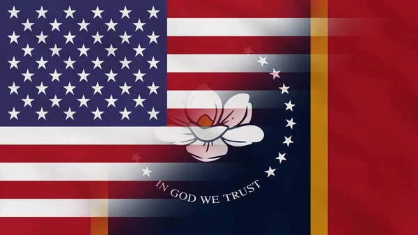 Mississippi Eyaleti, ABD Dalgalı Kumaş Bayrağı. ABD Bayrağı. Mississippi Eyaleti Bayrağı. Kuzey Amerika Bayrakları. Kutlama. Vatanseverler. Arkaplan Kumaşı.
