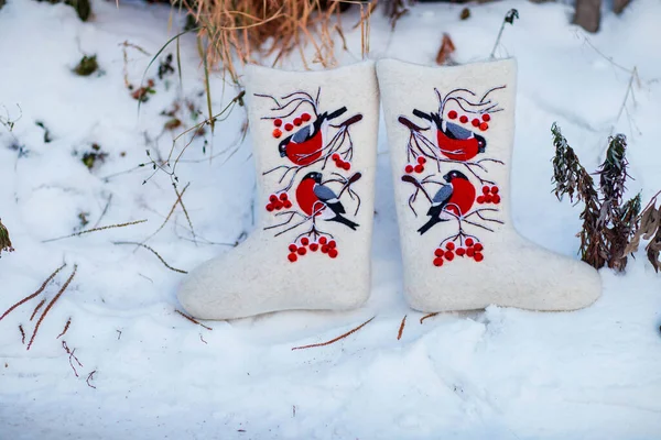 embroidered felt boots taken on a winter evening against the background of snow, bushes and a village house