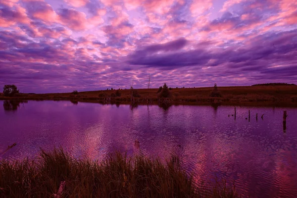 Ein Teich Mit Wolkenspiegelungen Himmel Und Bäumen Ufer Gefilmt Anfang — Stockfoto