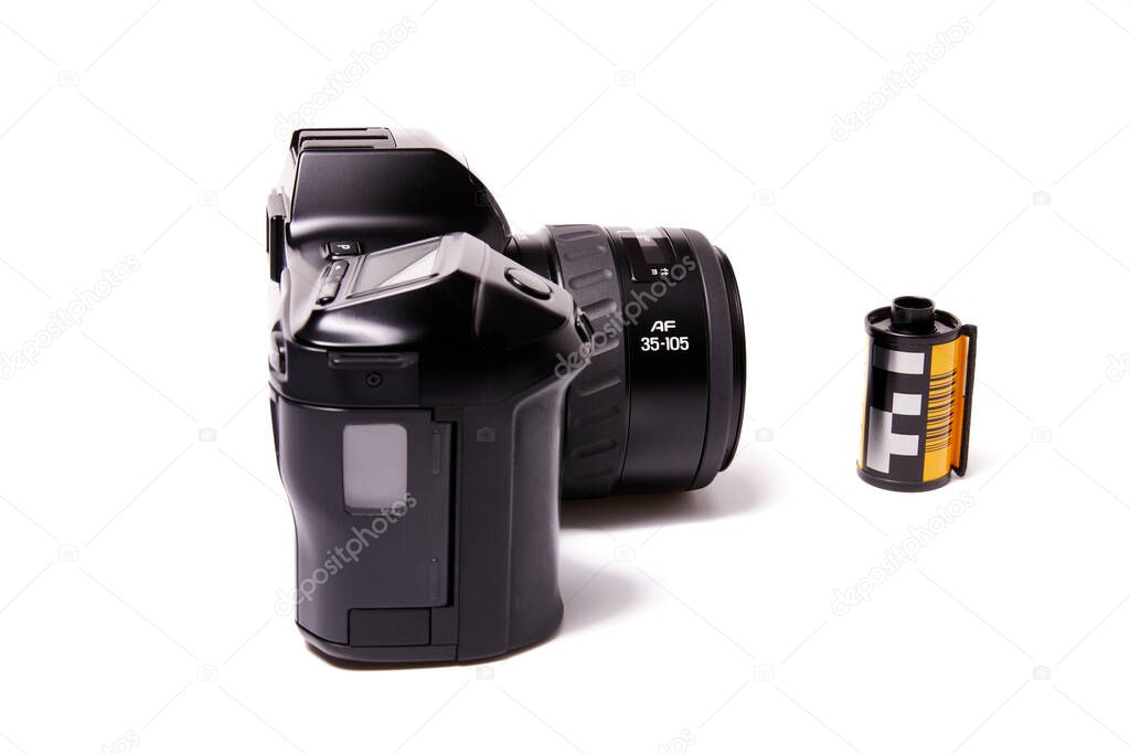 Analog black camera with 35mm photo reel