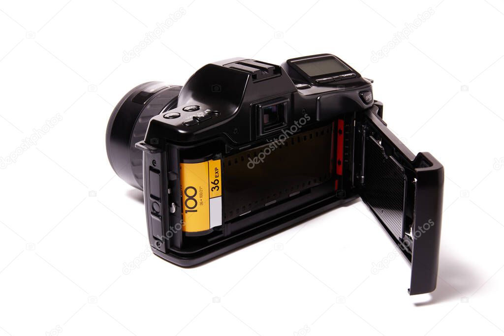 Analog black camera with 35mm photo reel