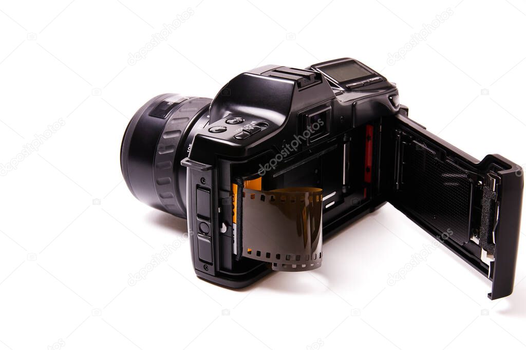 Analog black camera with 35mm photo reel