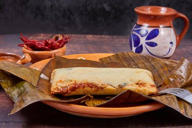 Tipik Meksika yemeği, Veracruz veya jarochos tamale, muz yaprağı, mısır unu ve kırmızı adobo ile hazırlanmış. İspanyol yemekleri, yani, İspanyolların Amerika 'ya gelişinden beri hazırlanan yemekler.