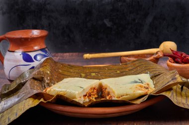 Tipik Meksika yemeği, Veracruz veya jarochos tamale, muz yaprağı, mısır unu ve kırmızı adobo ile hazırlanmış. İspanyol yemekleri, yani, İspanyolların Amerika 'ya gelişinden beri hazırlanan yemekler.