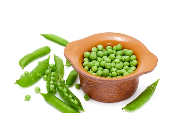 Pois Frais Légumineuses Dans Pot Argile Mexicain Fond Blanc — Photo