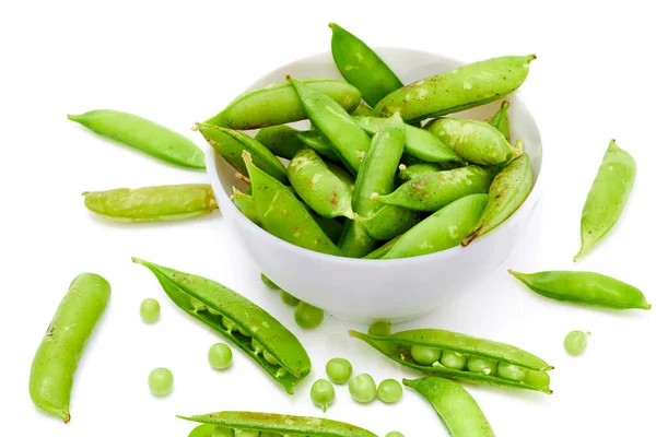 Pois Frais Légumineuses Haricots Verts Frais Dans Bol Blanc — Photo