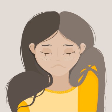 Koyu renk saçlı, gözleri kapalı, sarı elbiseli bir kız resmi. Sakin ve huzurlu. 