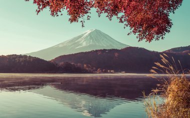 kırmızı çerçeve akçaağaç yaprağı ve mt. Fuji, vintag