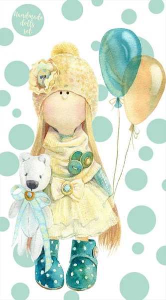 Carino Acquerello Baby Doll Con Palloncini Sfondo Bianco — Foto Stock