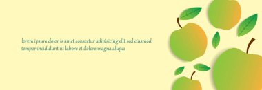 Sarı yeşil elma ve yeşil yapraklı sarı arkaplan şablonu. Afişler, tebrik kartları ve grafik tasarım amaçları şeklinde promosyon tasarımı. Basit ve eşsiz modern arkaplan